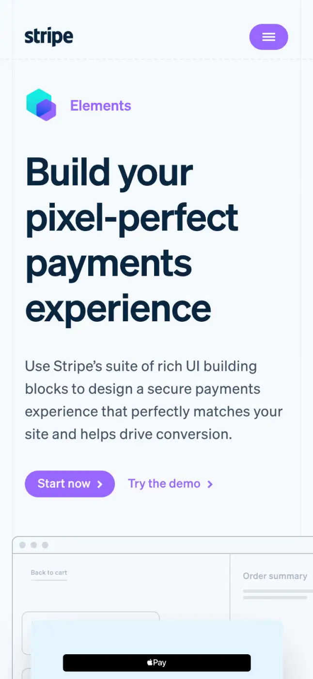 Mobile - Hero section featuring a prominent headline, minimal text, and a clickable payment button.
