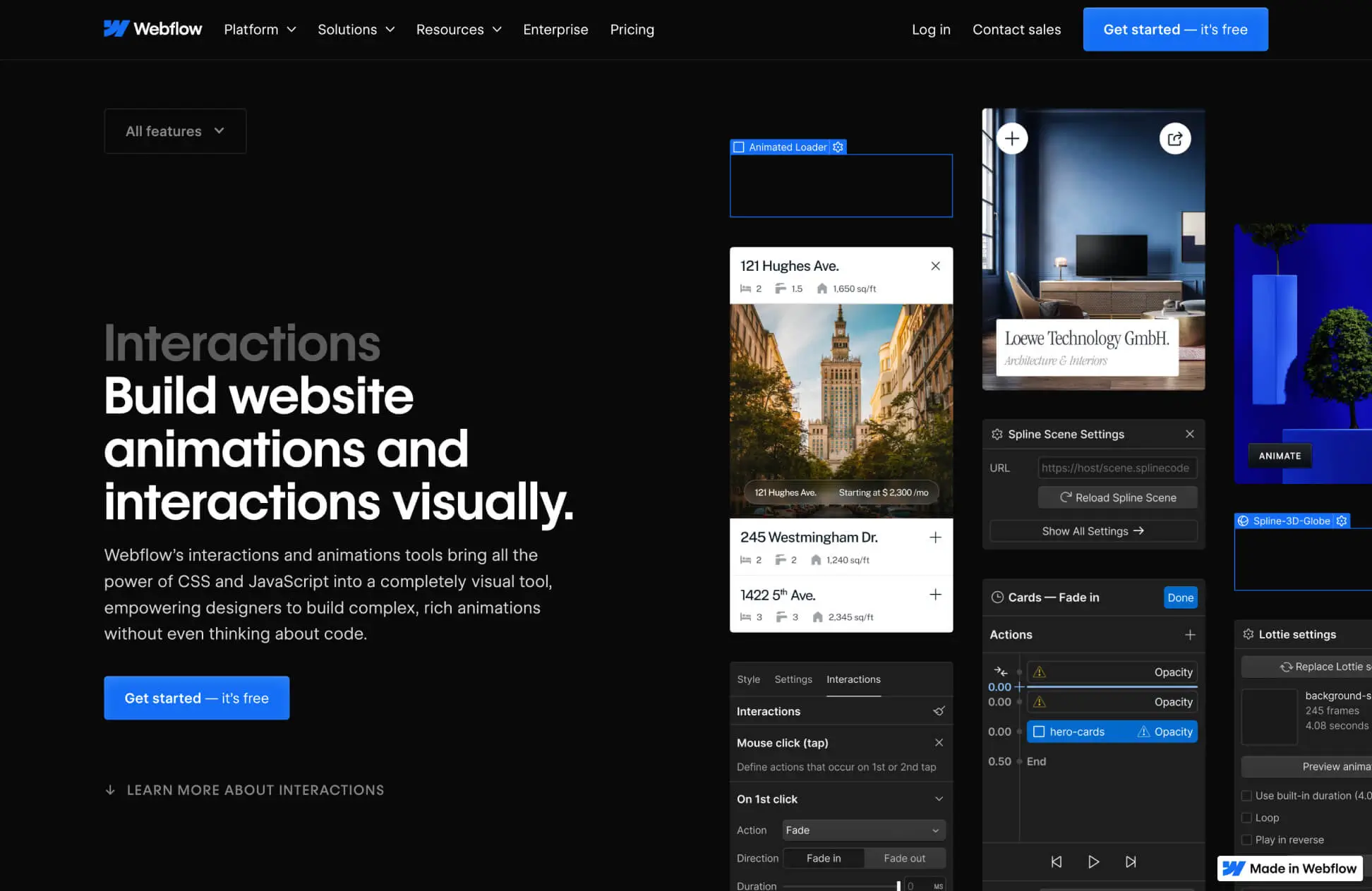 Desktop - Bold hero section showcasing Webflow interactions with visuals and a call-to-action button.