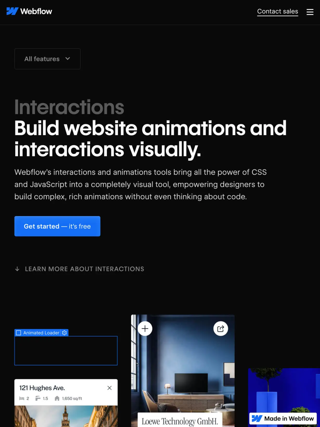 Tablet - Bold hero section showcasing Webflow interactions with visuals and a call-to-action button.