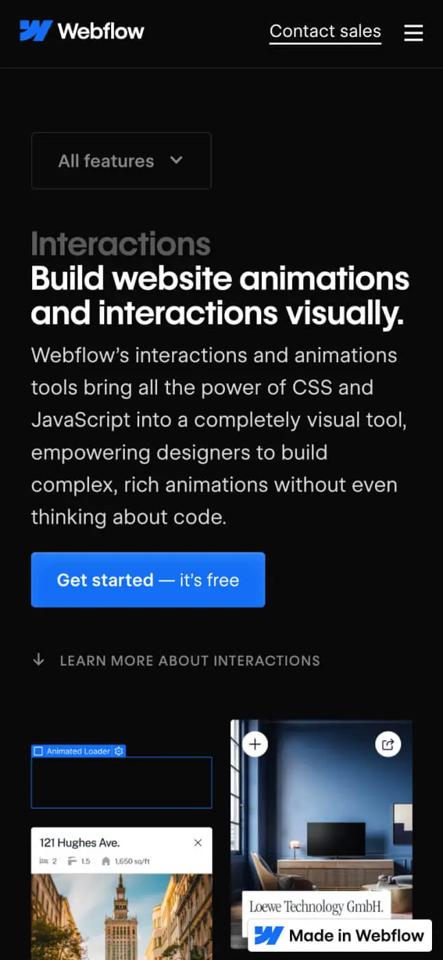 Mobile - Bold hero section showcasing Webflow interactions with visuals and a call-to-action button.