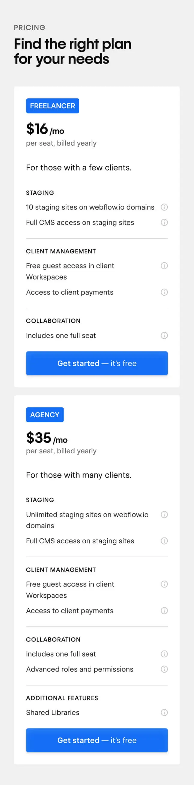 Mobile - Pricing comparison cards with bold typography and clear CTA buttons for easy scanning.