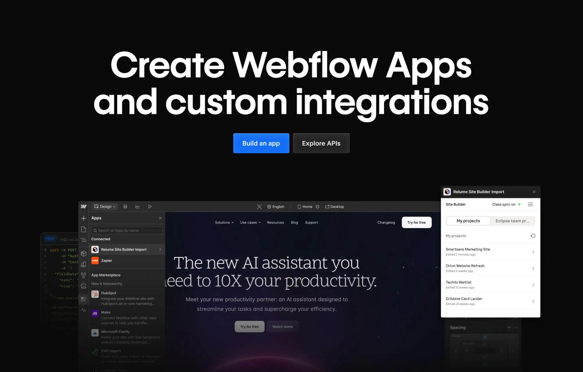 Desktop - Call to action section with prominent button and floating UI previews for Webflow Apps.