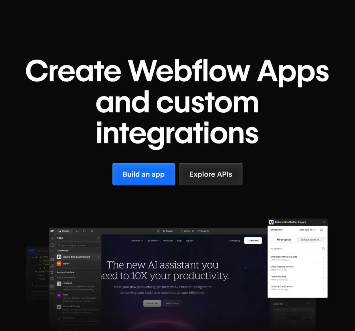 Tablet - Call to action section with prominent button and floating UI previews for Webflow Apps.