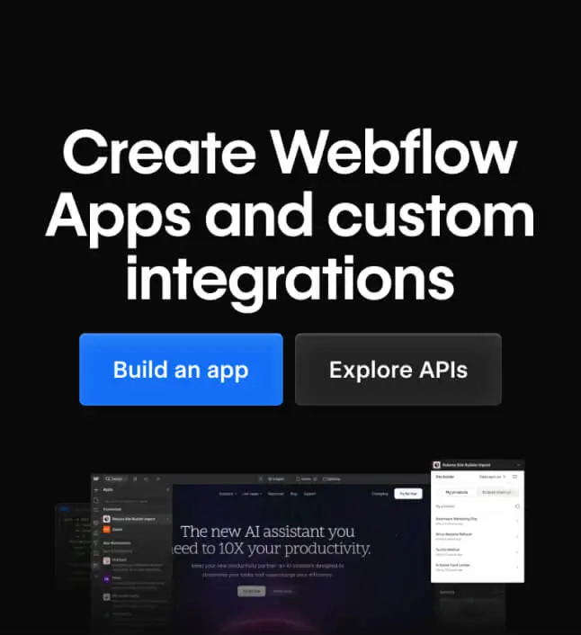 Mobile - Call to action section with prominent button and floating UI previews for Webflow Apps.