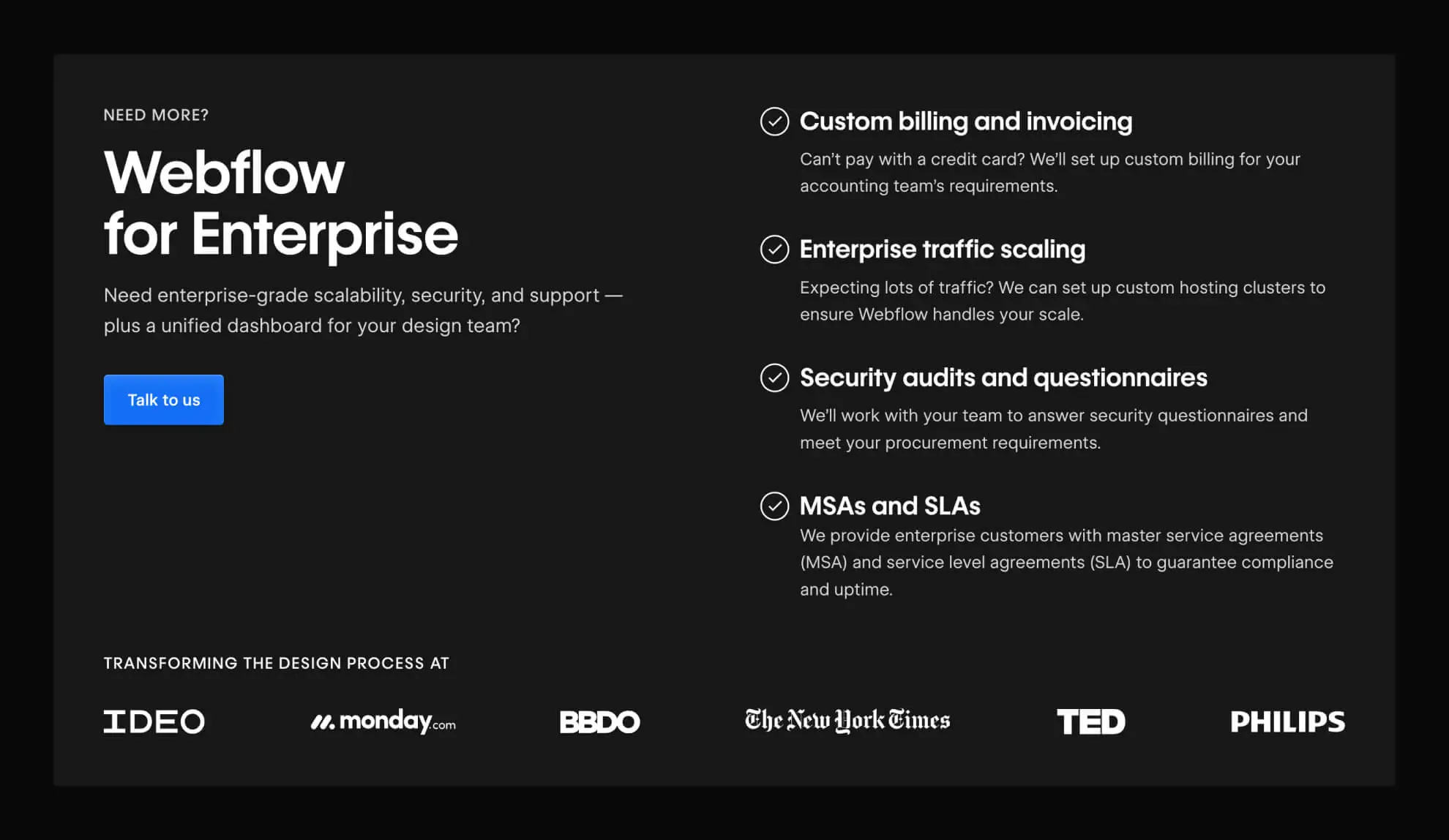 Desktop - Webflow Enterprise Plan card featuring a premium design with trust logos and clear pricing.