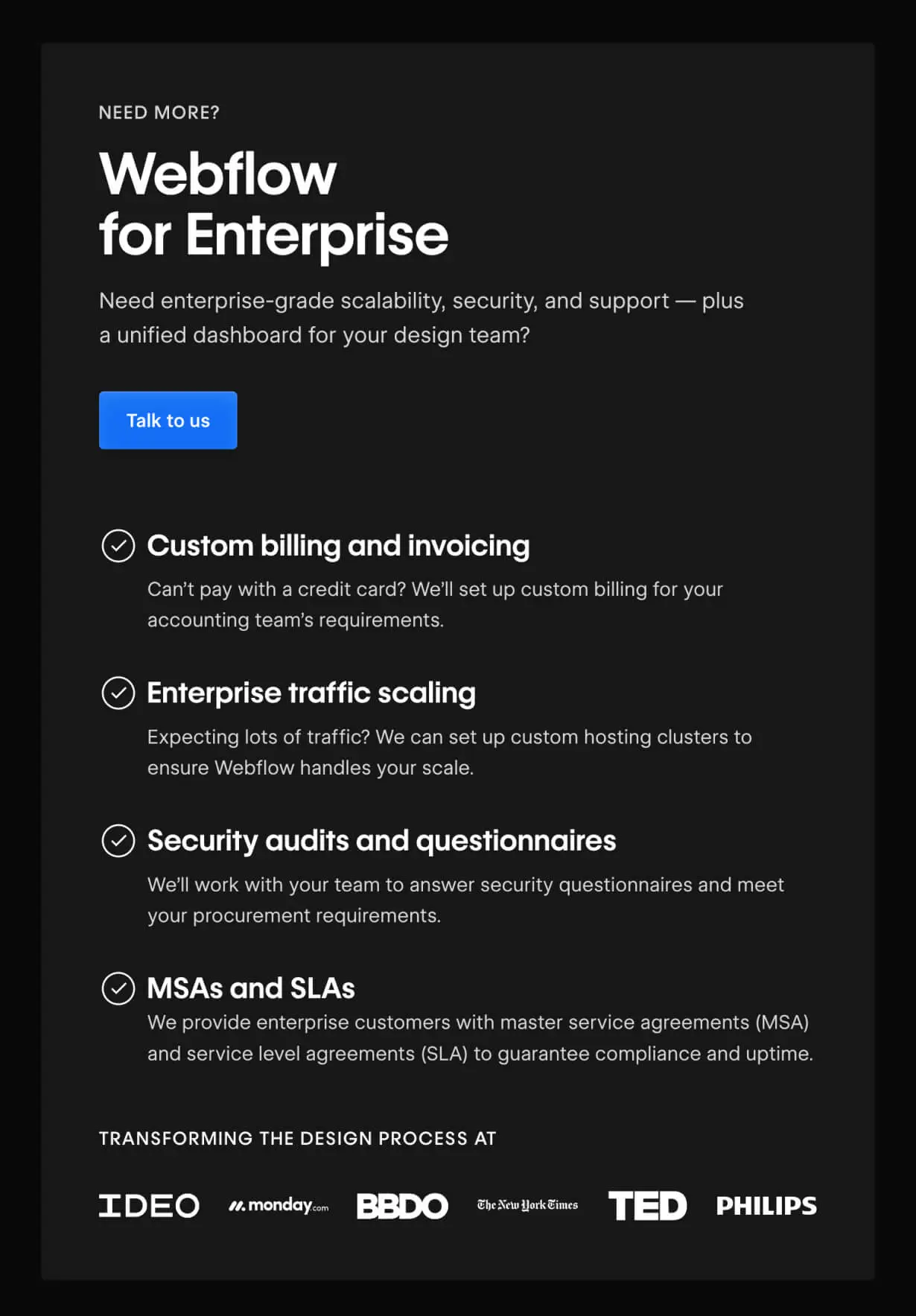 Tablet - Webflow Enterprise Plan card featuring a premium design with trust logos and clear pricing.