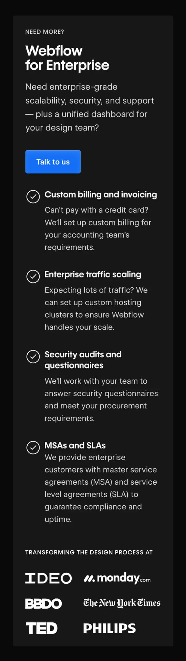 Mobile - Webflow Enterprise Plan card featuring a premium design with trust logos and clear pricing.